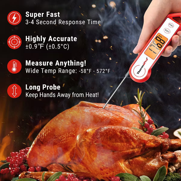 ThermoPro Red/White Digital Thermometer with Backlight, Rotating Display and Waterproof